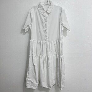 Q2 White‎ Tiered Dress Button Front 100% Cotton Size M Short Sleeve Lightweight